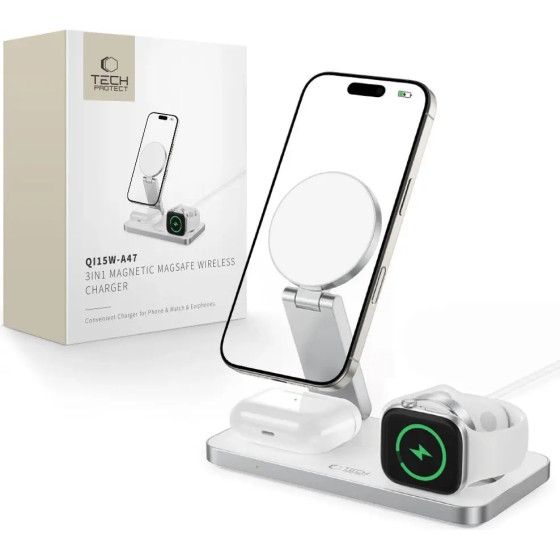 Tech-Protect QI15W-A47 Magsafe 3in1 Inductive Charger + USB-C Cable - White - (27679-0)