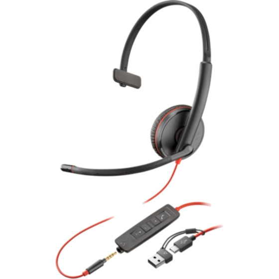 Poly Blackwire 3215 Monaural USB-C Headset +3.5MM Plug +USB-C/A Adapter (BULK) - (8X227A6)