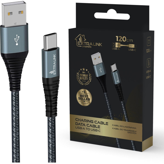 EXTRALINK Smart Life Cable 15W, USB-A To USB-C, 120CM, Nylon BRAIDED, 5V 2.4A/3A, Black - (CABESL08)