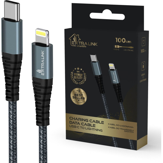 EXTRALINK Smart Life Cable 27W, USB-C To Lightning 100CM, TPE, 9V 3A, Black - (CABESL06)