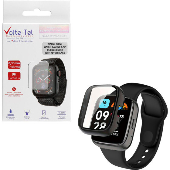 Volte-Tel Tempered Glass Xiaomi Redmi Watch 3 Active 1.75'' 9H 0.30mm Pc Edge Cover With Key 3D Full Glue Full Cover BLACK