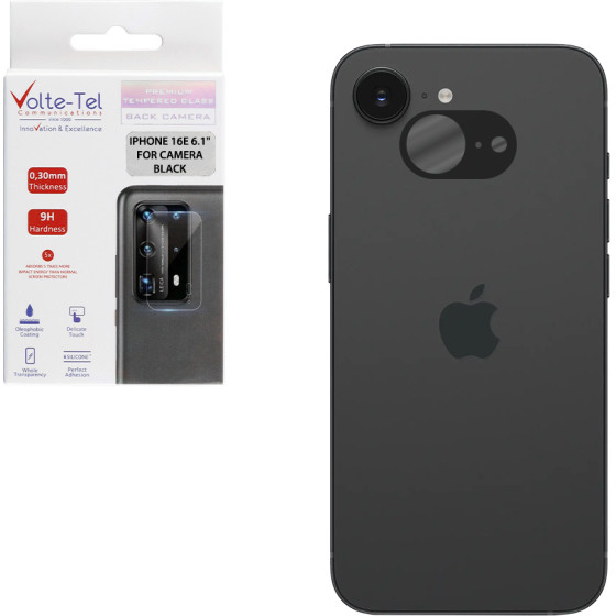 Volte-Tel Tempered Glass Iphone 16E 6.1'' 9H 0.25mm 3D Curved For Camera BLACK