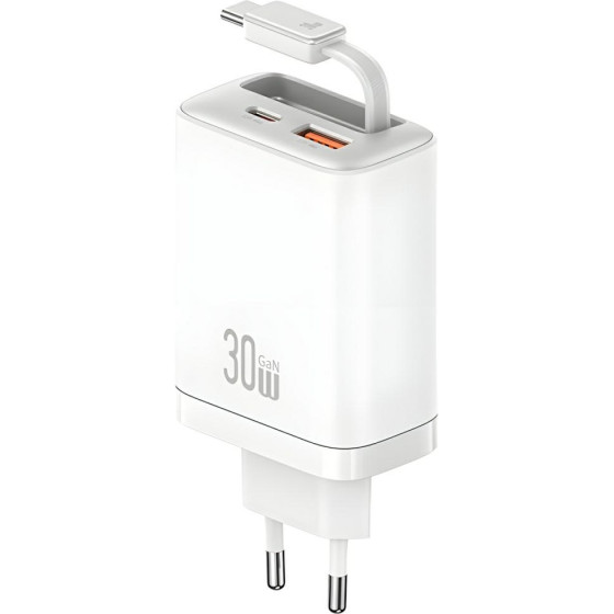 Usams Wall Charger Xiang Series CC296 30W 1xUSB-C 1xUSB-A + USB-C Cable White - (CC296TC02)