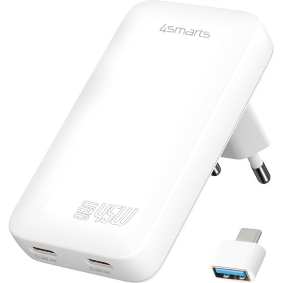 4sMarts Wall Charger Flatplug Slim Dual 45W Gan 2xUSB-C White - (542045)