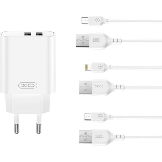 XO wall charger CE34 2x USB 2,4A white + microUSB cable