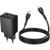 Hoco Wall Charger Usb A + Type C + Cable Type C To Type C 60W Pd QC3.0 Afc 3A 30W N71 black