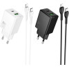 Hoco Wall Charger Usb A + Type C + Cable Type C To Type C 60W Pd QC3.0 Afc 3A 30W N71 white