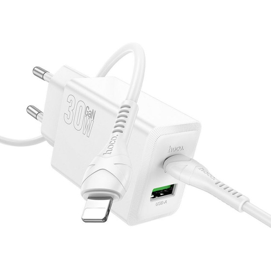 Hoco Wall Charger Usb A + Type C + Cable Type C To Type C 60W Pd QC3.0 Afc 3A 30W N71 white