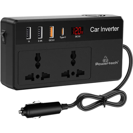 Powertech Inverter ����������� 200W, 12V Dc �� 220V AC, �� USB-C/3x Usb - (PTL-023)