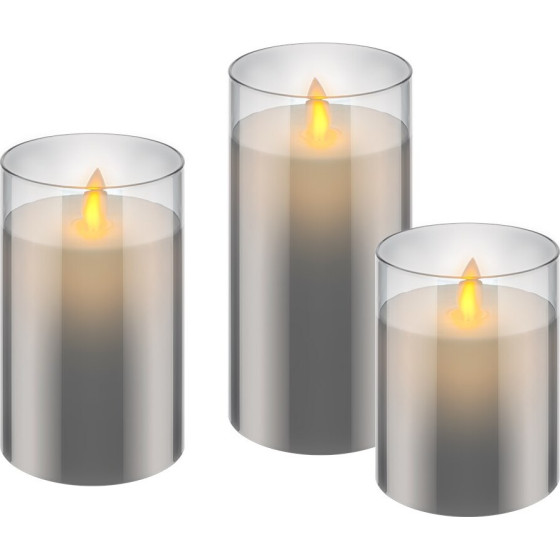 Goobay Set Of 3 Led Real Wax Candles In Glass, Grey-Transparent - (77755)