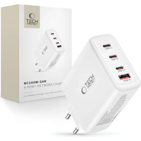 Tech-Protect NC100W-GAN charger GaN 3x USB-C PD 100W / USB-A QC 3.0 - white 9490713934814 - (23688-0)