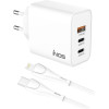 iNOS ��������� �������� ������� �������� �� ������ ����� Usb A & 2xUsb C Gan Pd Qc 3.0 65W & Lightning ������� 1m ����� - (INOSCH-010305-0204)
