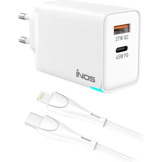 iNOS ��������� �������� ������� �������� �� ����� Usb C Gan Pd Qc 3.0 45W & Lightning ������� 1m ����� - (INOSCH-010305-0202)