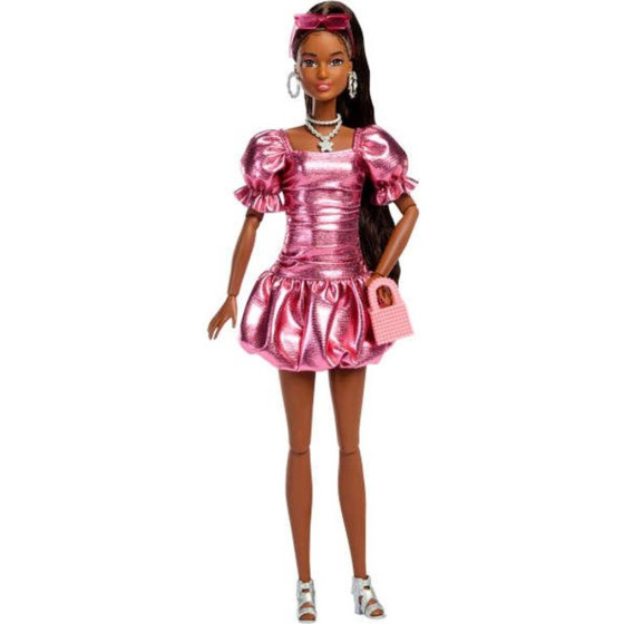Mattel Barbie: Deluxe Style - Metallic Pink Dress Brown Hair With Dark Skin Doll (JFP41)