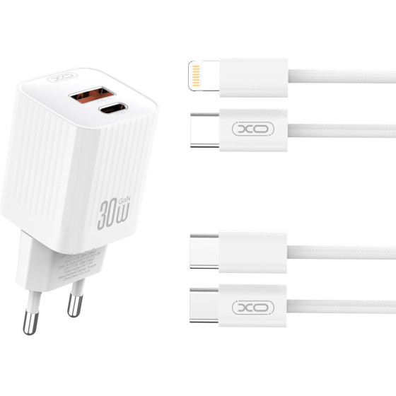 XO ��������� PD30W 1 ���� USB-A, 1 ���� TYPE-C �� ������� LIGHTNING, ������ - (L149)