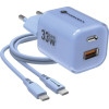 FORCELL F-Energy Crystal Color Gan Iii VT-41 Travel Charger With Silicone Cable With 1 x Type C + 1x Usb A sockets, Pd QC4.0 33W blue