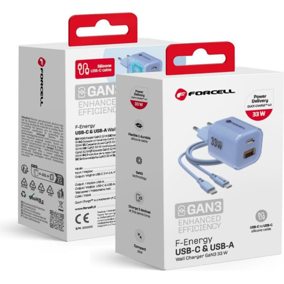 FORCELL F-Energy Crystal Color Gan Iii VT-41 Travel Charger With Silicone Cable With 1 x Type C + 1x Usb A sockets, Pd QC4.0 33W blue