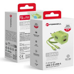 FORCELL F-Energy Crystal Color Gan Iii VT-41 Travel Charger With Silicone Cable With 1 x Type C + 1x Usb A sockets, Pd QC4.0 33W green