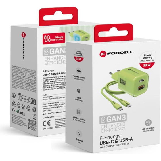 FORCELL F-Energy Crystal Color Gan Iii VT-41 Travel Charger With Silicone Cable With 1 x Type C + 1x Usb A sockets, Pd QC4.0 33W green