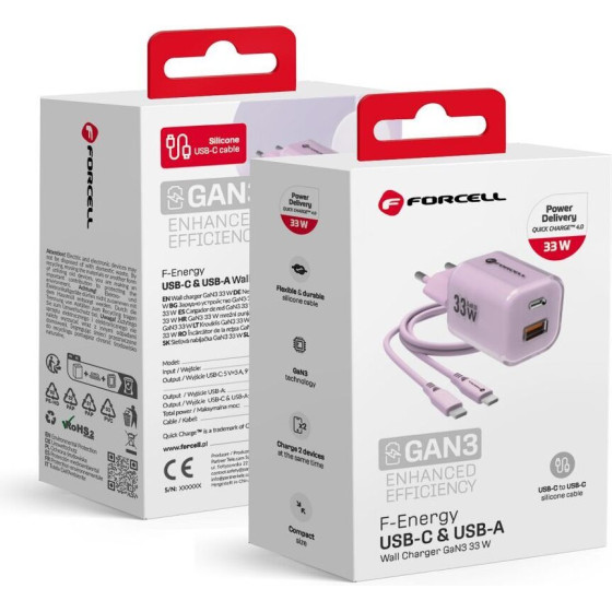 FORCELL F-Energy Crystal Color Gan Iii VT-41 Travel Charger With Silicone Cable With 1 x Type C + 1x Usb A sockets, Pd QC4.0 33W purple