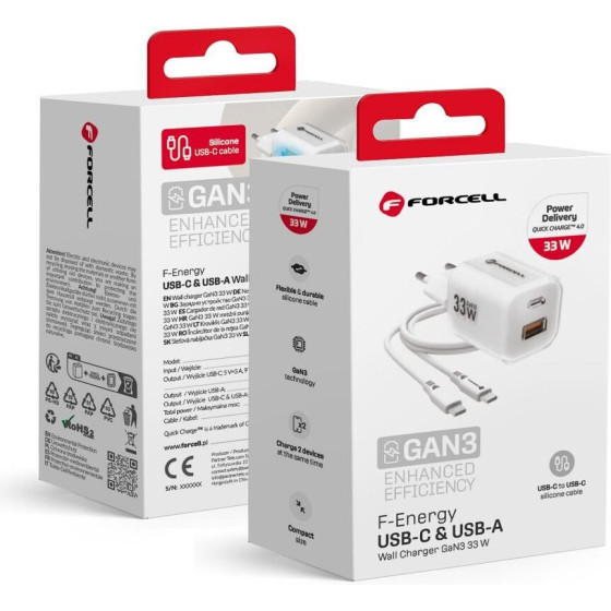 FORCELL F-Energy Crystal Color Gan Iii VT-41 Travel Charger With Silicone Cable With 1 x Type C + 1x Usb A sockets, Pd QC4.0 33W white