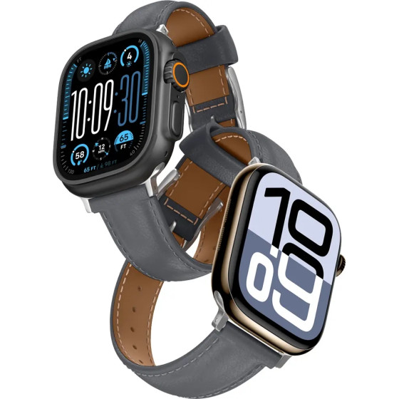 AmazingThing Class Band Leather Strap For Apple Watch 45 / 46 / 49 Mm - Gray - (TGL49BK)