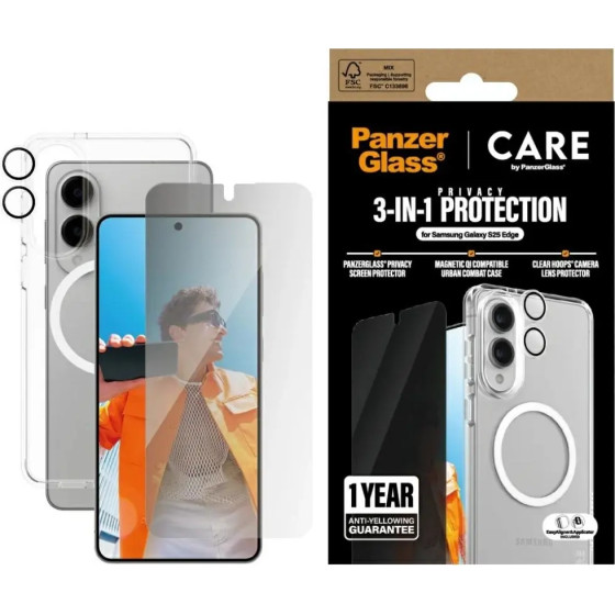 PanzerGlass Care By Flagship 3in1 Case + Privacy Glass + Lens For Samsung Galaxy S25 Edge - Transparent - (PAN001163-0)