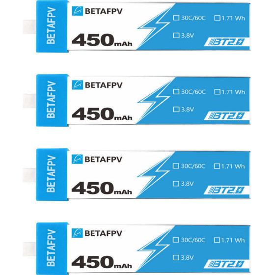 BETAFPV BT2.0 450mAh 4-Pack | 1S Drone Battery Pack | 3.8V, 450mAh - (RDBETA1S450MAH)