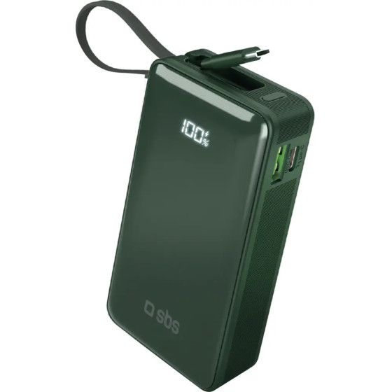 SBS Powerbank 10000 Mah 20W With built-In USB-C Cable And Digital Display - Green - (TTBB10000LCDTCPD20G)