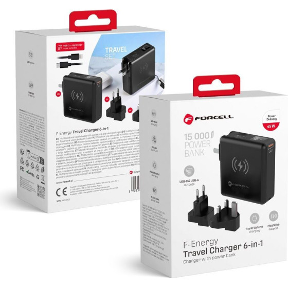 FORCELL F-Energy Multifunctional Charger 45W 6in1 With Usb A And Usb C sockets, Power Bank 15000mAh And Wireless Charging 15W