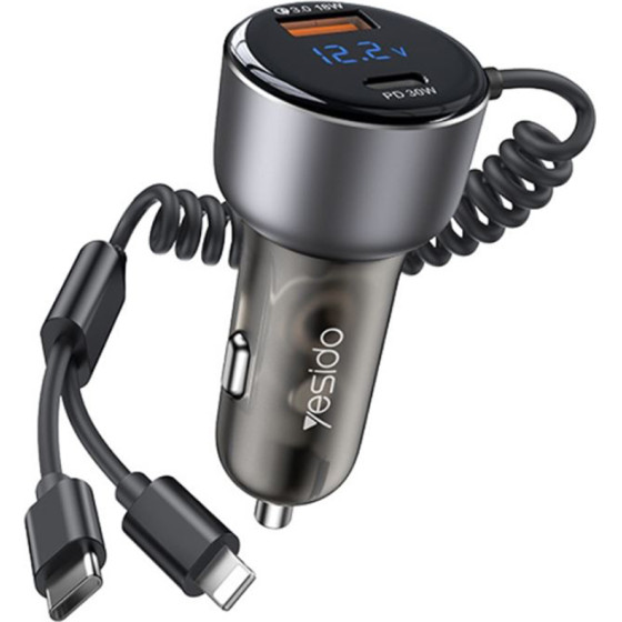 Yesido - Car Charger - USB, Type-C, With Cable Lightning, Type-C, Fast Charging, 60W, 120cm - Grey - (Y58)