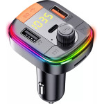 Yesido - Car Charger - With Fm Transmitter, 2xUSB-A, Type-C, Led Display, Rgb Light, 18W - Black - (Y45)
