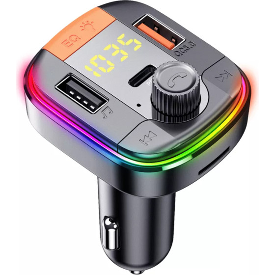 Yesido - Car Charger - With Fm Transmitter, 2xUSB-A, Type-C, Led Display, Rgb Light, 18W - Black - (Y45)