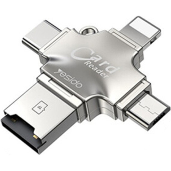 Yesido - Card Reader And Adapter - Microsd To USB, Type-C, Lightning, Micro-Usb - Silver - (GS13)