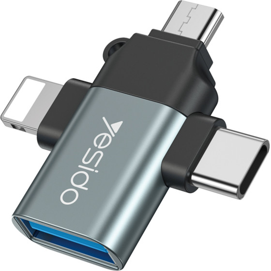 Yesido - Otg Adapter - Usb To Lightning, Micro-USB, Type-C, Plug & Play, 480MBps - Black - (GS15)