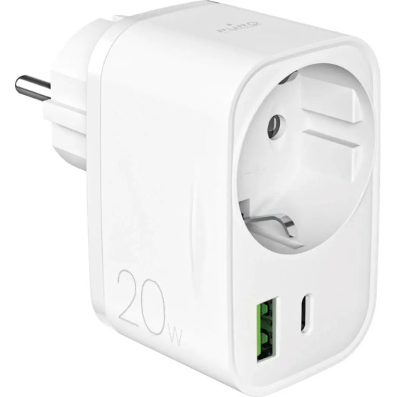 Puro 20W Power Delivery Charger With Schuko Plug And Socket 1x USB-C + 1x USB-A - White - (PUTCSPUSBAC20WWHI)
