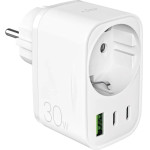 Puro 30W Power Delivery Charger With Schuko Plug And Socket 2x USB-C + 1x USB-A - White - (PUTCSPUSBA2C30WWHI)
