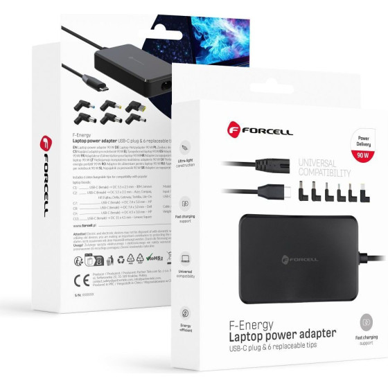 FORCELL F-Energy E856 Uniwersal Laptop Charger 90W (6 adaptors) - czarny