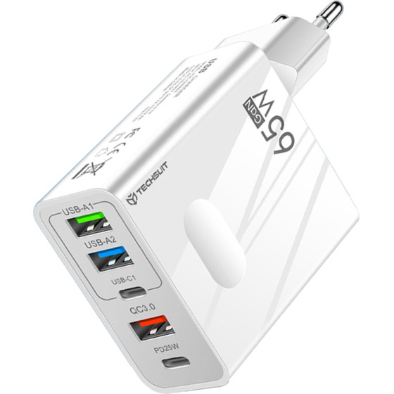 Techsuit - Premium Wall Charger Pentaxpower (CHC1) - 3x USB, 2x Type-C Pd 25W, 65W, GaN, Fast Charge - White