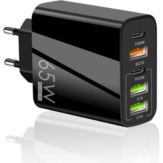 Techsuit - Premium Wall Charger Pentaxpower (CHC2) - 3x Usb Qc 3.0, 2x Type-C Pd 20W, 65W, GaN, Quick Charge - Black
