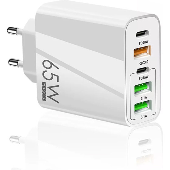 Techsuit - Premium Wall Charger Pentaxpower (CHC2) - 3x Usb Qc 3.0, 2x Type-C Pd 20W, 65W, GaN, Quick Charge - White