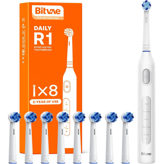 Bitvae - Electric Toothbrush (BVR1) - Soft, with 8 Heads, Smart Timer, Clean/Sensitive/White/Gum Care/Tongue Modes - White