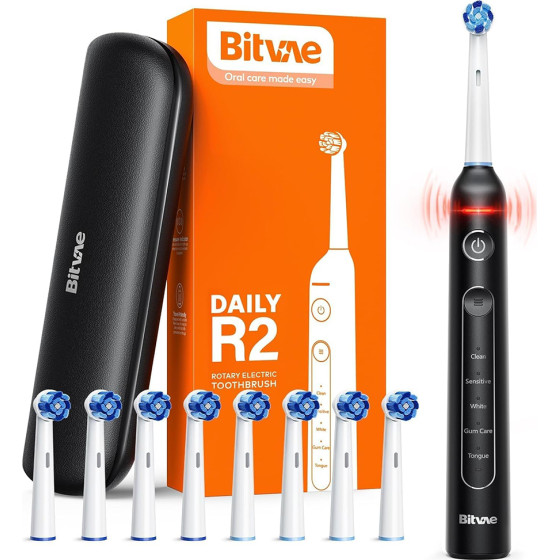 Bitvae - Electric Toothbrush (BVR2) - with 8 Heads, Smart Timer, Pressure Sensor, Travel Case, 5 Modes, Rechargeable - Black