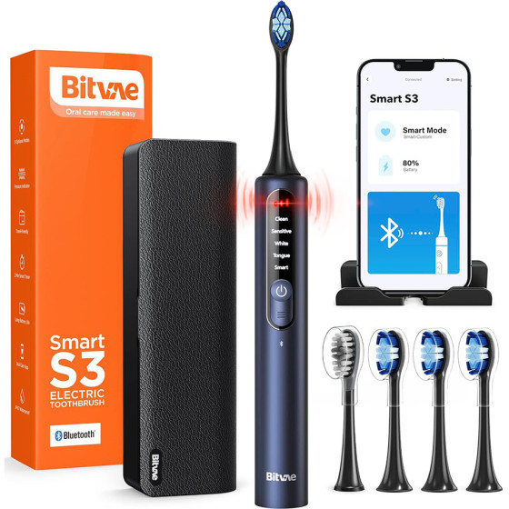 Bitvae - Electric Toothbrush (BVS3 Smart) - Sonic, 4 Heads with Cover, Case, 5Modes, Timer, Pressure Sensor, App - Night Blue
