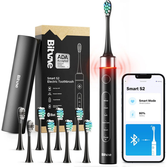Bitvae - Electric Toothbrush (S2 Smart) - Ultrasonic, Soft, 8 Heads, Case, Red Light Pressure Sensor, 5Modes, 1400mAh - Black