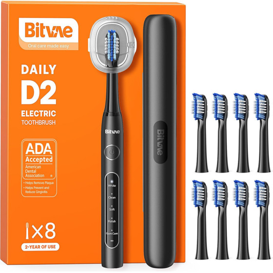 Bitvae - Electric Toothbrush Daily (D2) - Ultrasonic, 8 Heads, Case, Timer, 5 Modes, W-shape Bristles, Rechargeable - Black