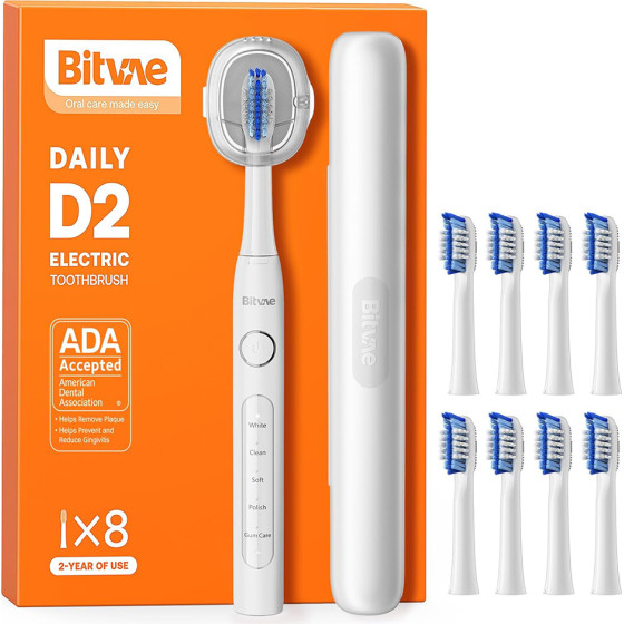 Bitvae - Electric Toothbrush Daily (D2) - Ultrasonic, 8 Heads, Case, Timer, 5 Modes, W-shape Bristles, Rechargeable - White