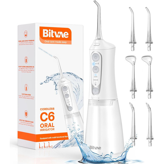 Bitvae - Water Flosser (BVC6) - Larger 300ml Size, with 6 Jet Tips, 3 Modes, 5 Intensities, Rechargeable - White