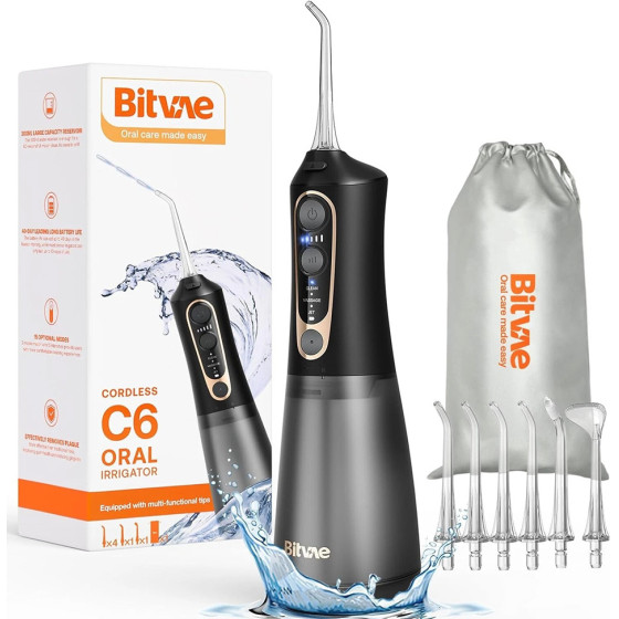 Bitvae - Water Flosser (C6) - Larger 300ml Size, with 6 Jet Tips, 3 Modes, 5 Intensities, Rechargeable - Black / Gold
