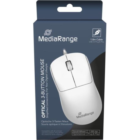 MediaRange Optical 4-Button Wireless Mouse With Scroll-Wheel And DPI-Button, 1.000 - 1.600 dpi, Symmetrical, White - (MROS257)